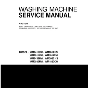 Lg wm2032hs wm1832cw service manual cover with LG logo, service website path, washer model codes and service caution notice