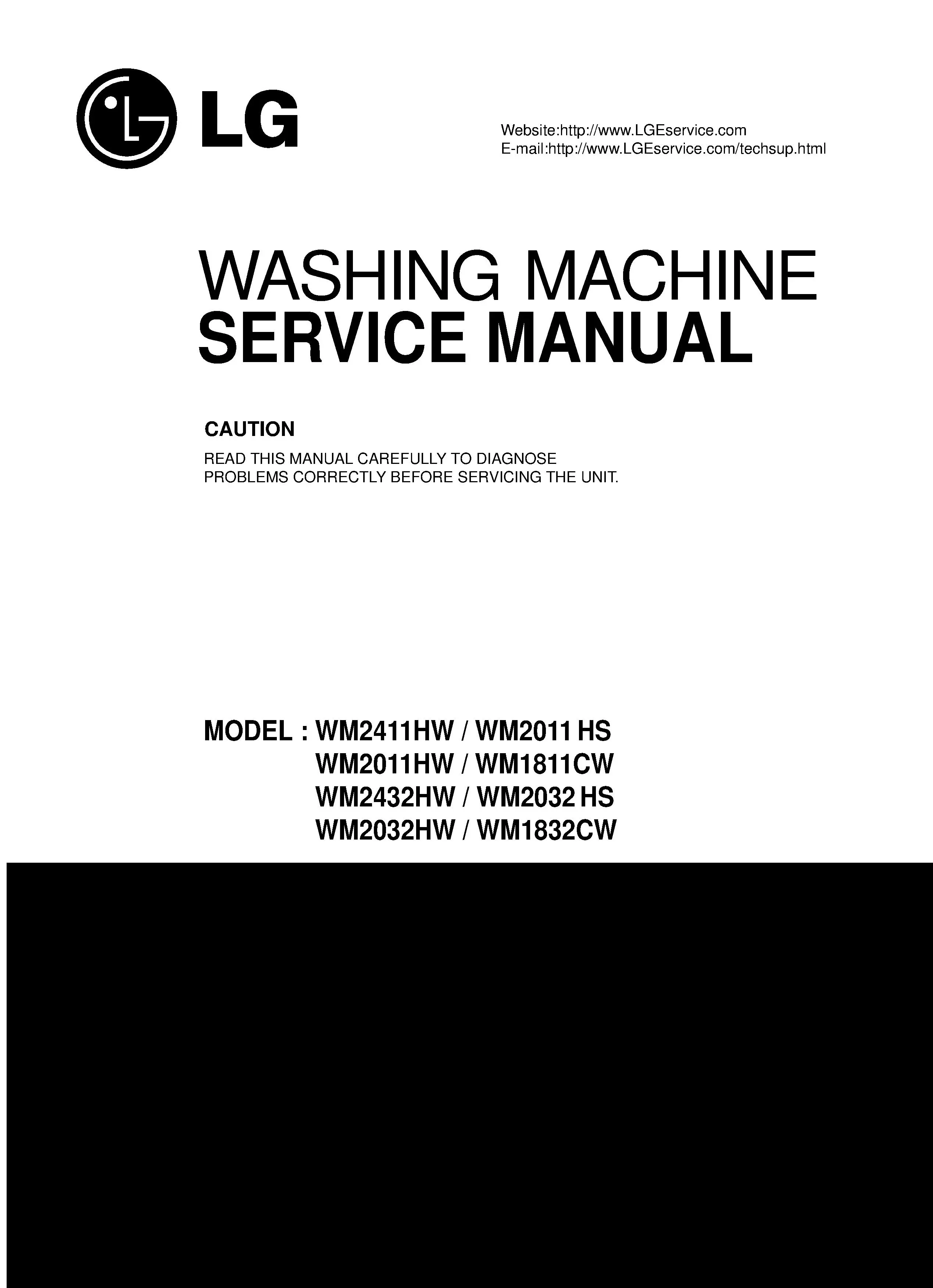Lg wm2032hs wm1832cw service manual cover with LG logo, service website path, washer model codes and service caution notice