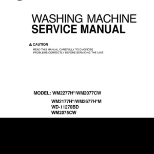 Lg wm2075cw service manual cover with LG logo, service website path, washer model codes and service caution notice