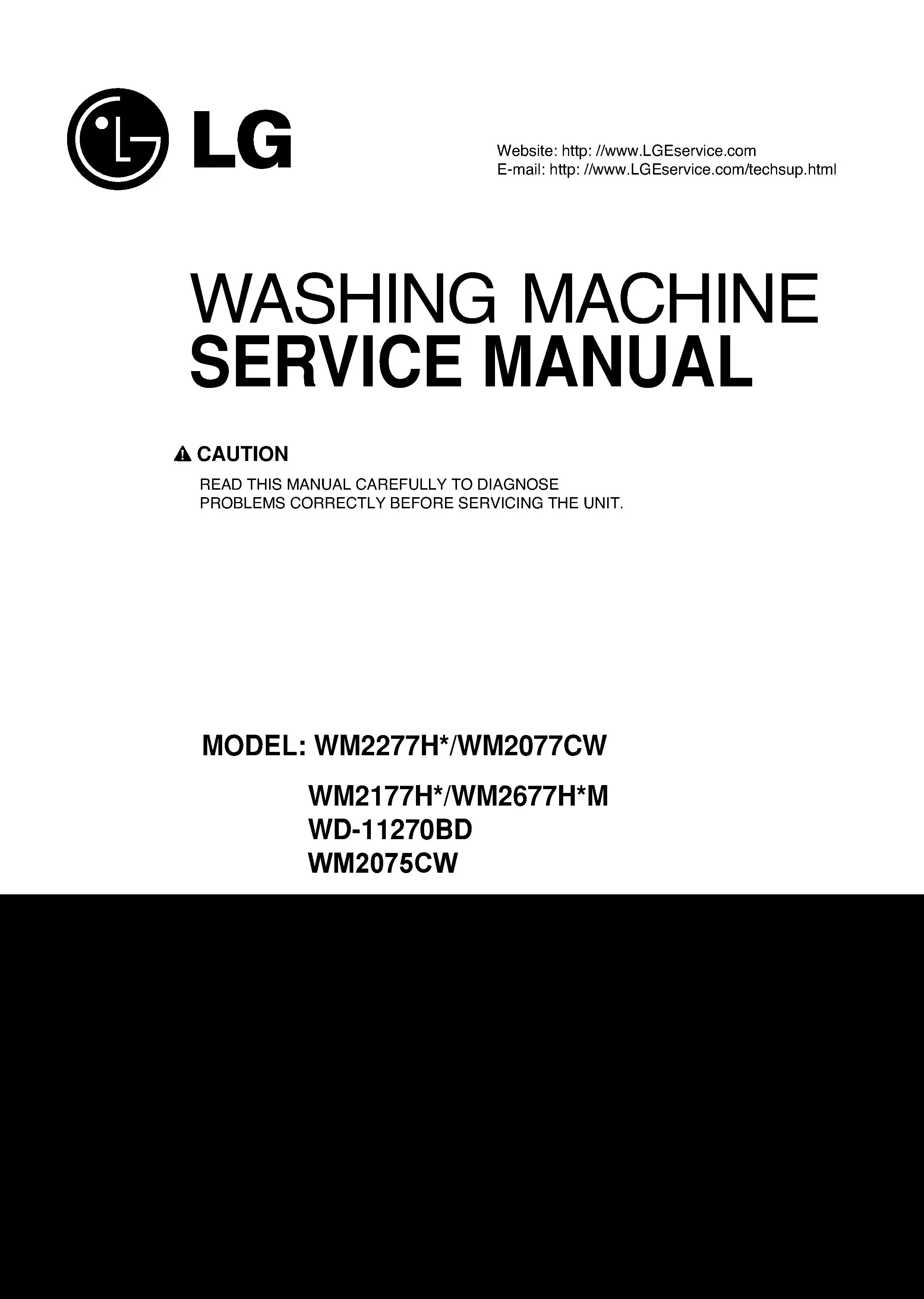 Lg wm2075cw service manual cover with LG logo, service website path, washer model codes and service caution notice