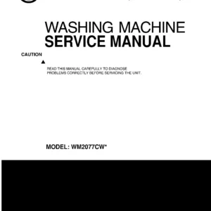 Lg wm2077cw service manual cover with LG logo, service website path, washer model codes and service caution notice