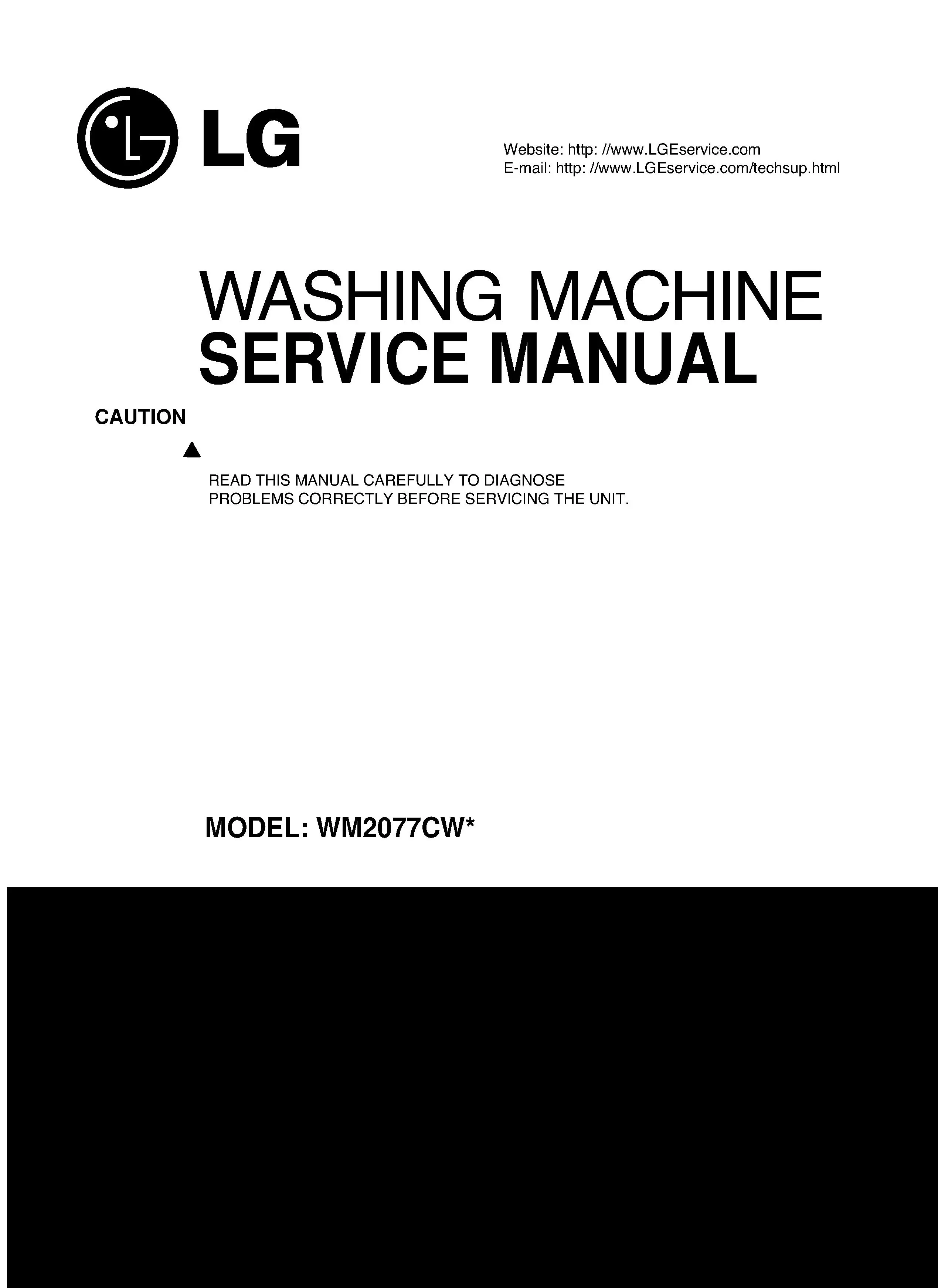 Lg wm2077cw service manual cover with LG logo, service website path, washer model codes and service caution notice