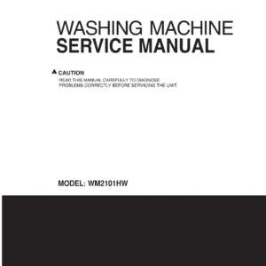 Lg wm2101hw service manual cover with LG logo, service website path, washer model codes and service caution notice