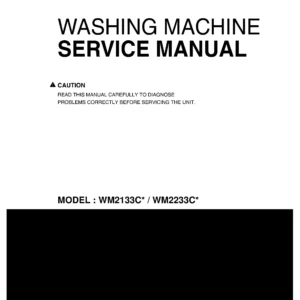 Lg wm2133cw service manual cover with LG logo, service website path, washer model codes and service caution notice
