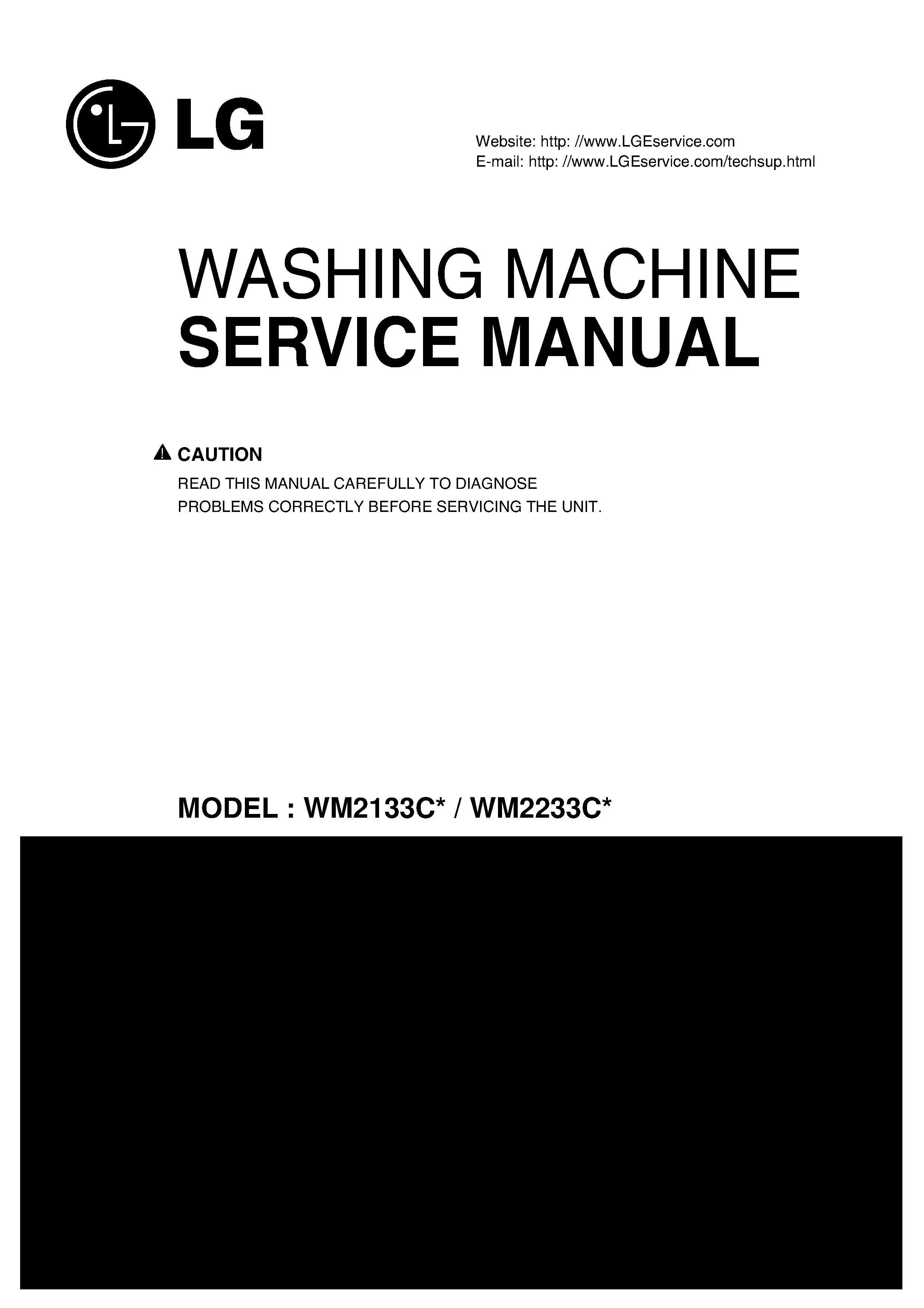 Lg wm2133cw service manual cover with LG logo, service website path, washer model codes and service caution notice