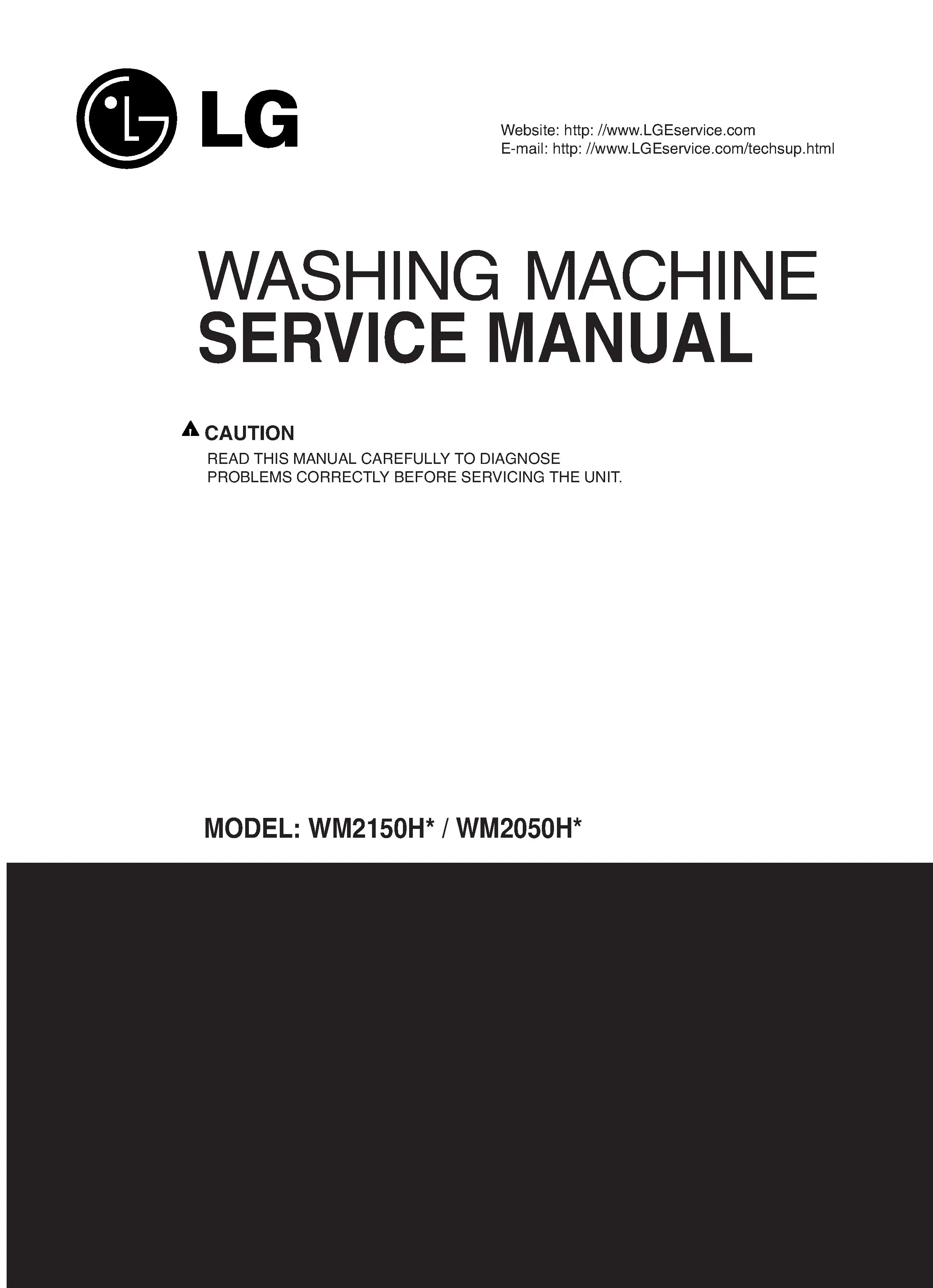 Lg wm2150h wm2050h service manual cover with LG logo, service website path, washer model codes and service caution notice