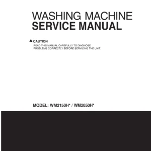 Lg wm2150hw wm2050hw service manual cover with LG logo, service website path, washer model codes and service caution notice