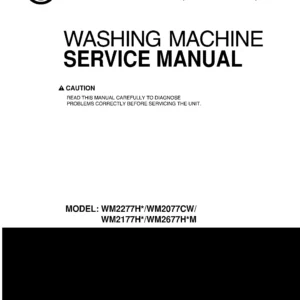Lg wm2177hw wm2677hwm service manual cover with LG logo, service website path, washer model codes and service caution notice