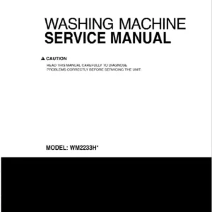 Lg wm2233h wm2233hw wm2233hs service manual cover with LG logo, service website path, washer model codes and service caution notice