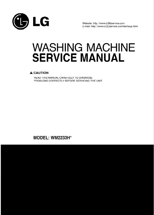Lg wm2233h wm2233hw wm2233hs service manual cover with LG logo, service website path, washer model codes and service caution notice