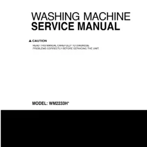 Lg wm2233hd wm2233hu service manual cover with LG logo, service website path, washer model codes and service caution notice