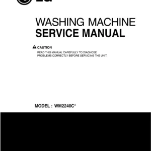 Lg wm2240c wm2240cw wm2240cs service manual cover with LG logo, service website path, washer model codes and service caution notice