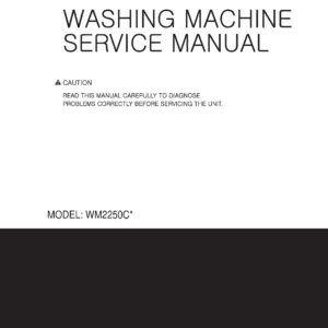Lg wm2250cw service manual cover with LG logo, service website path, washer model codes and service caution notice