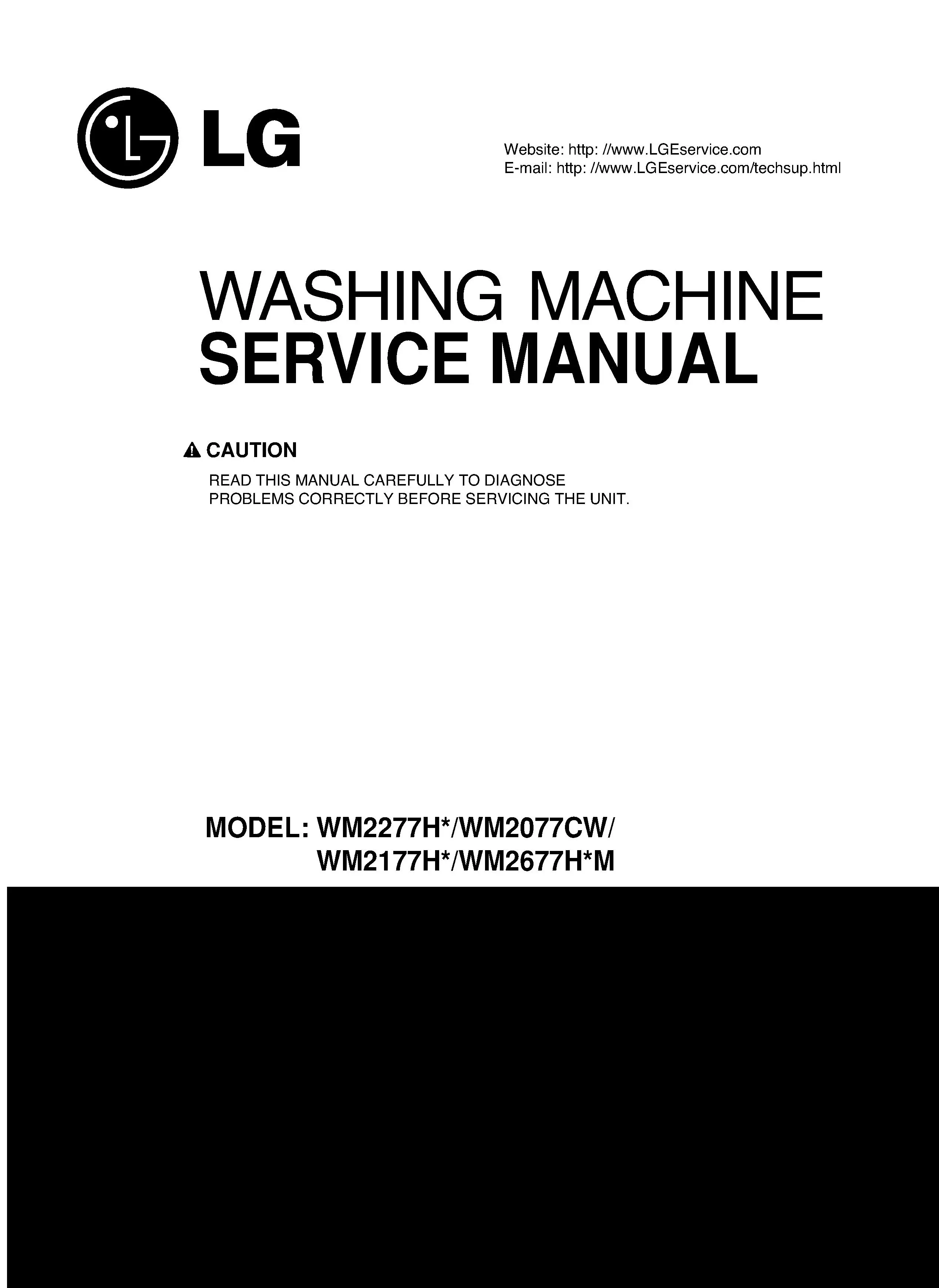 Lg wm2277h wm2277hw wm2177h service manual cover with LG logo, service website path, washer model codes and service caution notice