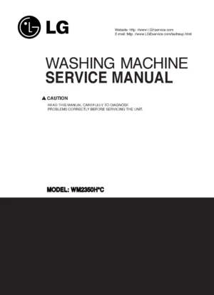 Lg wm2350hnc service manual cover with LG logo, service website path, washer model codes and service caution notice