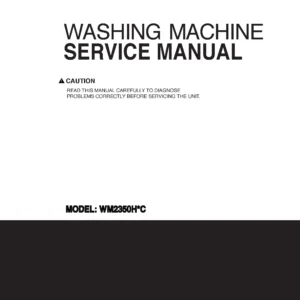 Lg wm2350hwc service manual cover with LG logo, service website path, washer model codes and service caution notice