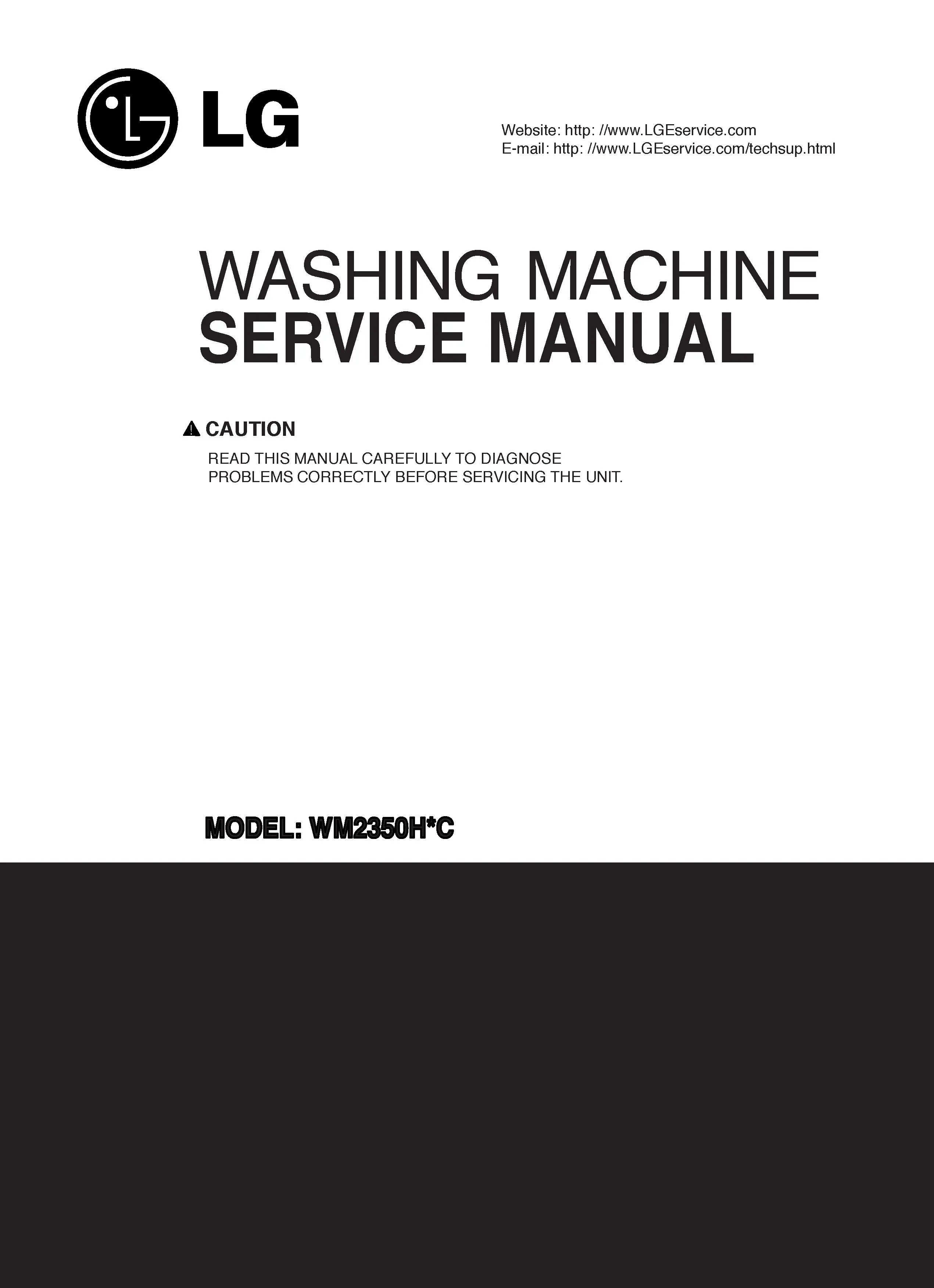 Lg wm2350hwc service manual cover with LG logo, service website path, washer model codes and service caution notice