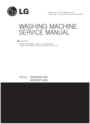 Lg wm2487h wm2487hwma wm2487hnma service manual cover with LG logo, service website path, washer model codes and service caution notice