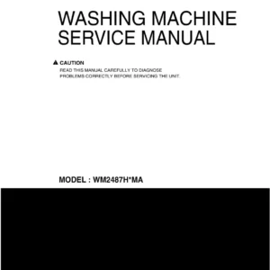 Lg wm2487hsma service manual cover with LG logo, service website path, washer model codes and service caution notice