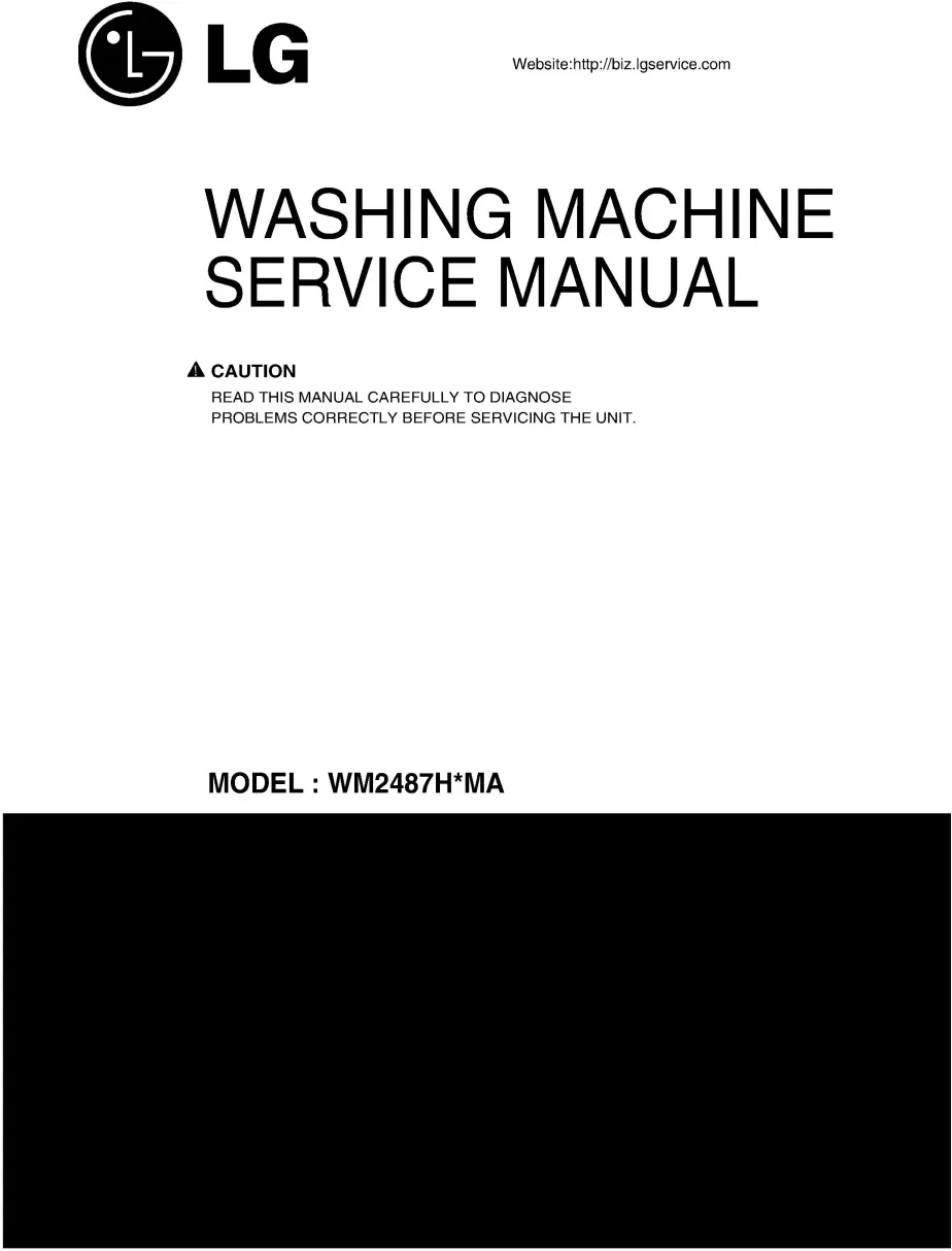 Lg wm2487hsma service manual cover with LG logo, service website path, washer model codes and service caution notice