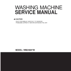 Lg wm2496h wm2496hwm wm2496hsm service manual cover with LG logo, service website path, washer model codes and service caution notice
