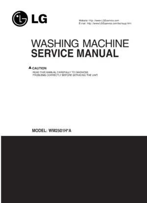 Lg wm2501h wm2501hva wm2501hwa service manual cover with LG logo, service website path, washer model codes and service caution notice