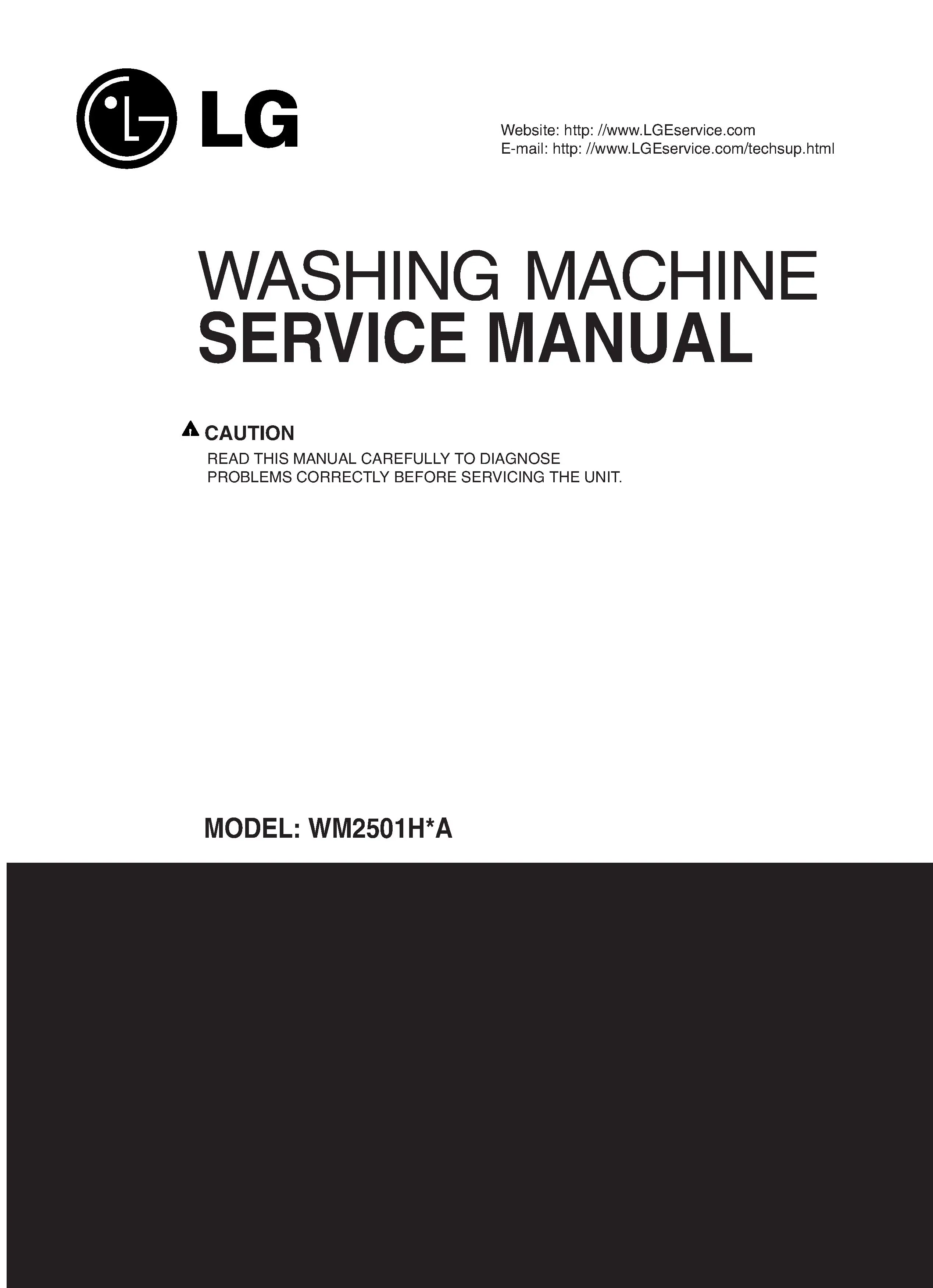Lg wm2501h wm2501hva wm2501hwa service manual cover with LG logo, service website path, washer model codes and service caution notice