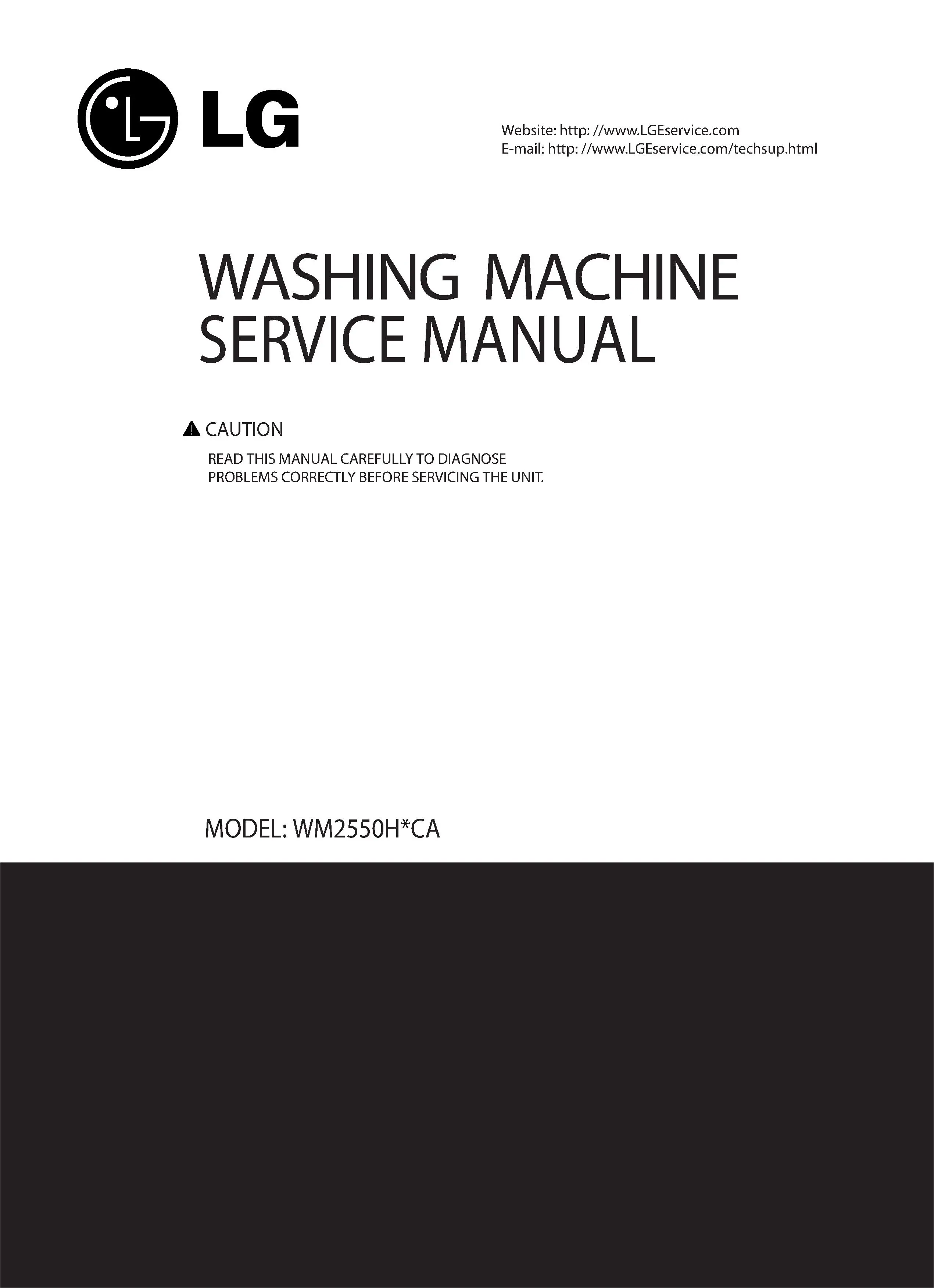 Lg wm2550hrca service manual cover with LG logo, service website path, washer model codes and service caution notice