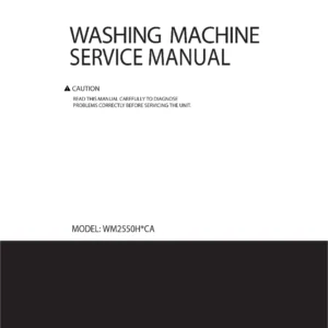 Lg wm2550hwca service manual cover with LG logo, service website path, washer model codes and service caution notice