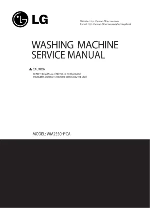 Lg wm2550hwca service manual cover with LG logo, service website path, washer model codes and service caution notice