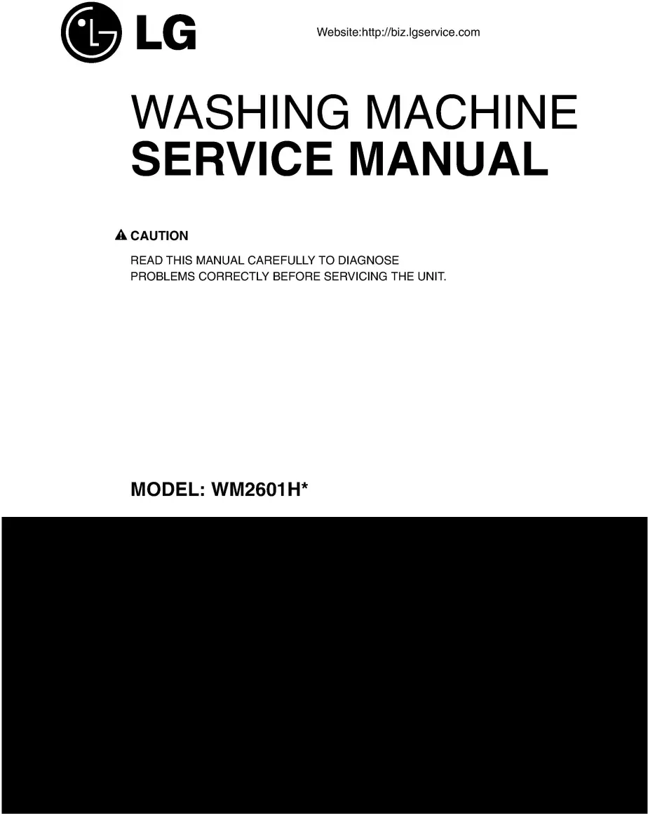 Lg wm2601h wm2601hw wm2601hr service manual cover with LG logo, service website path, washer model codes and service caution notice