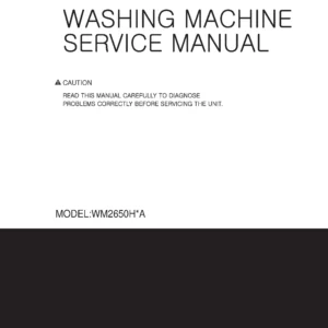 Lg wm2650hra service manual cover with LG logo, service website path, washer model codes and service caution notice