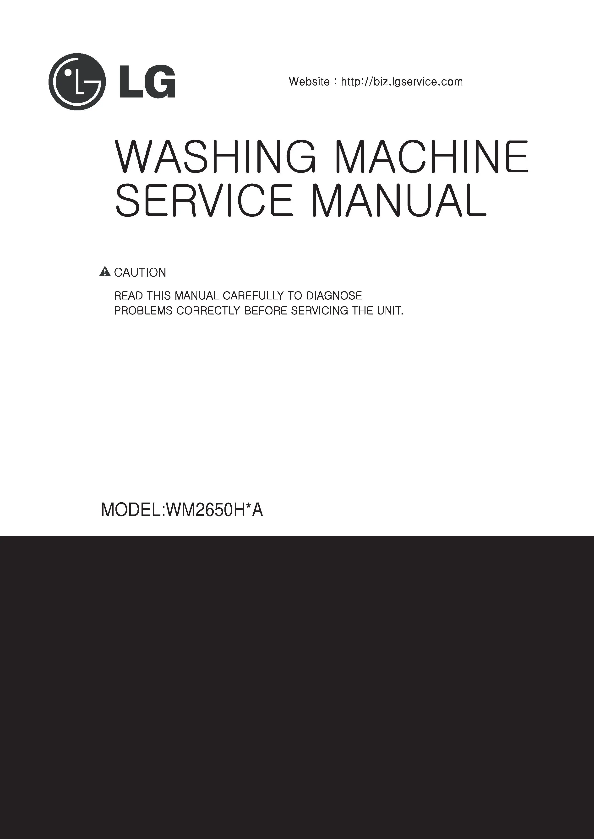 Lg wm2650hra service manual cover with LG logo, service website path, washer model codes and service caution notice