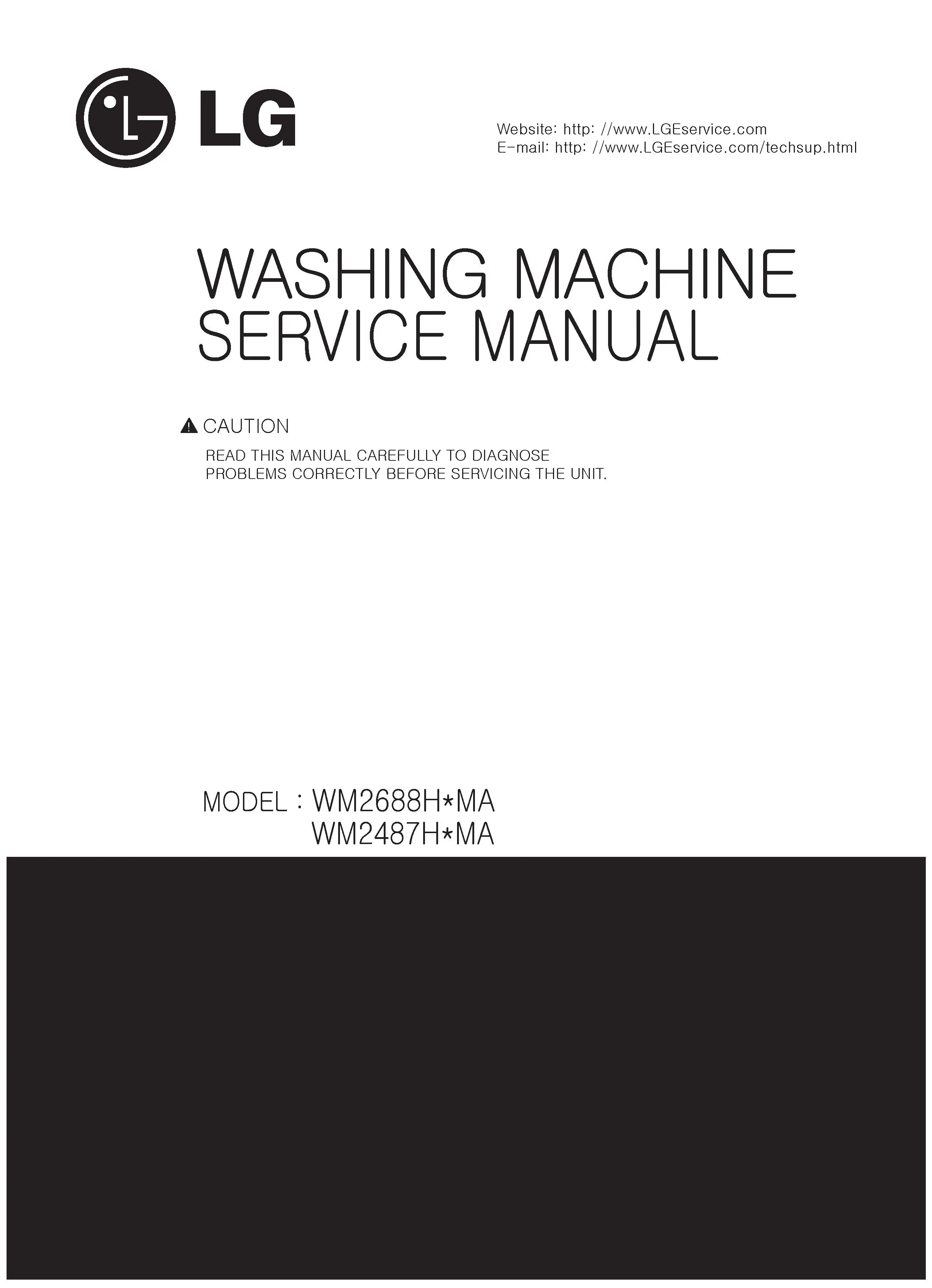 Lg wm2688h wm2688hwma wm2688hnma service manual cover with LG logo, service website path, washer model codes and service caution notice