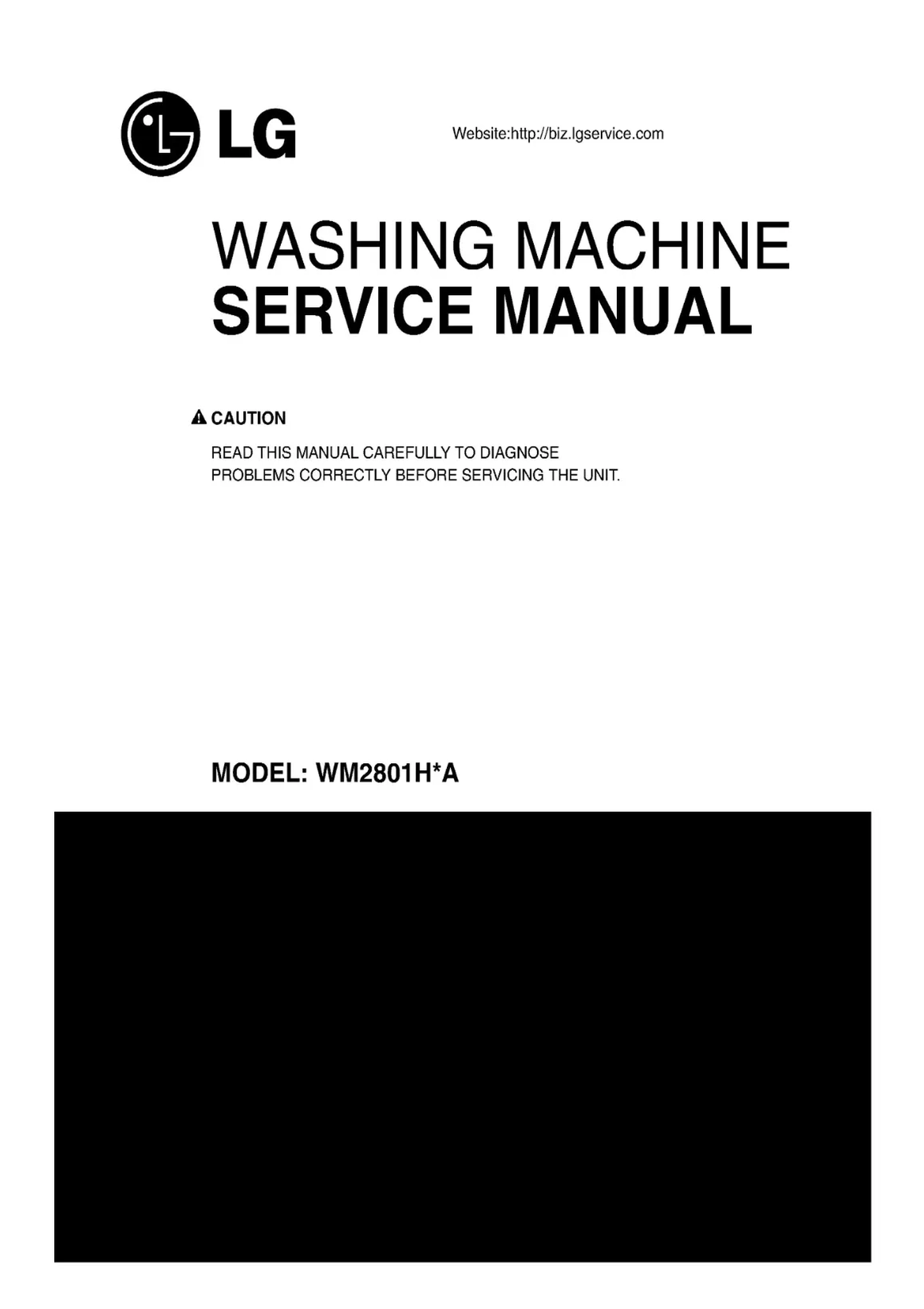 Lg wm2801hwa wm2801hra service manual cover with LG logo, service website path, washer model codes and service caution notice