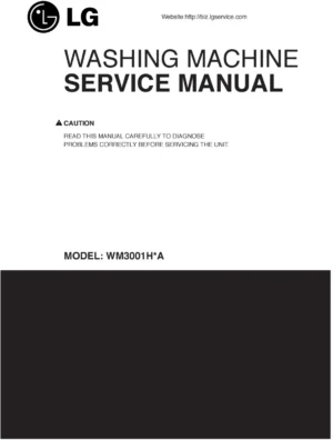 Lg wm3001hra wm3001hwa wm3001hpa service manual cover with LG logo, service website path, washer model codes and service caution notice