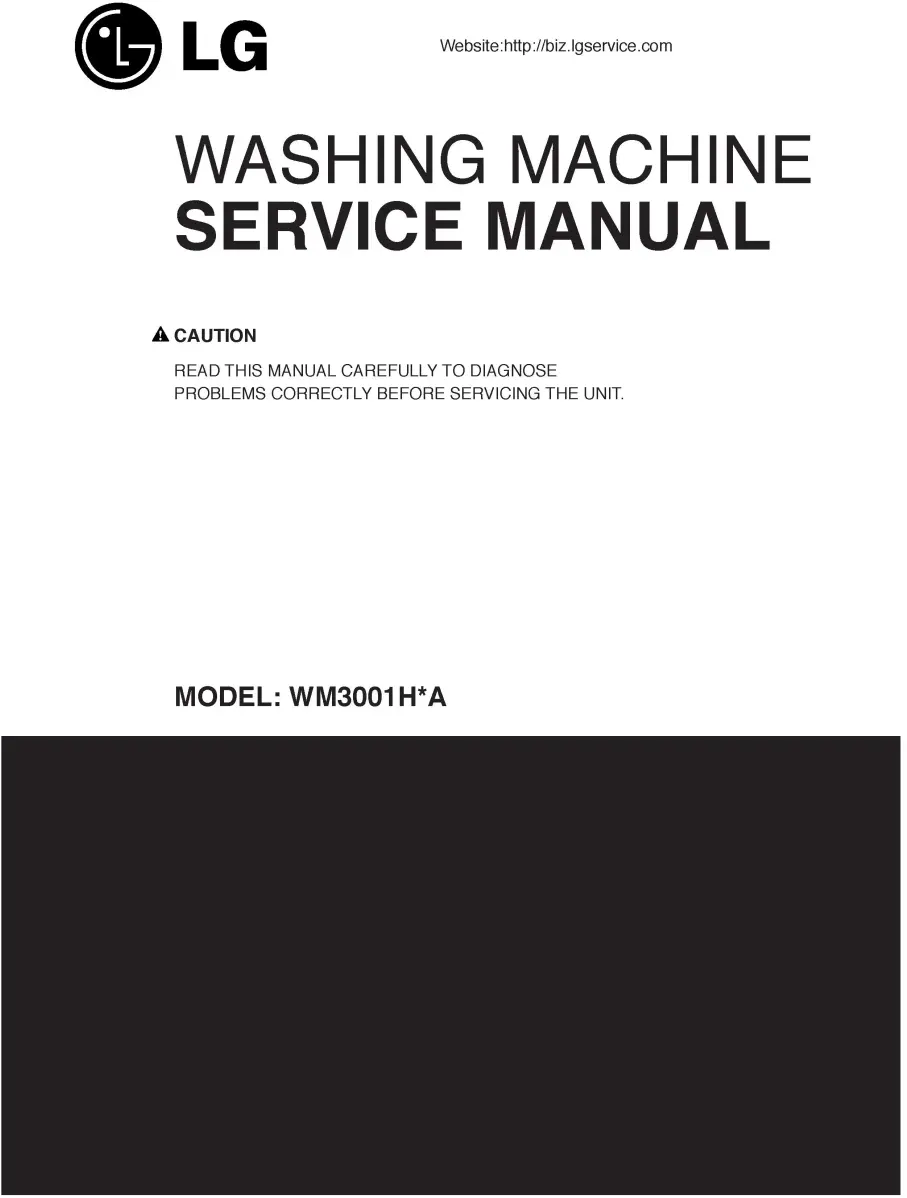 Lg wm3001hra wm3001hwa wm3001hpa service manual cover with LG logo, service website path, washer model codes and service caution notice