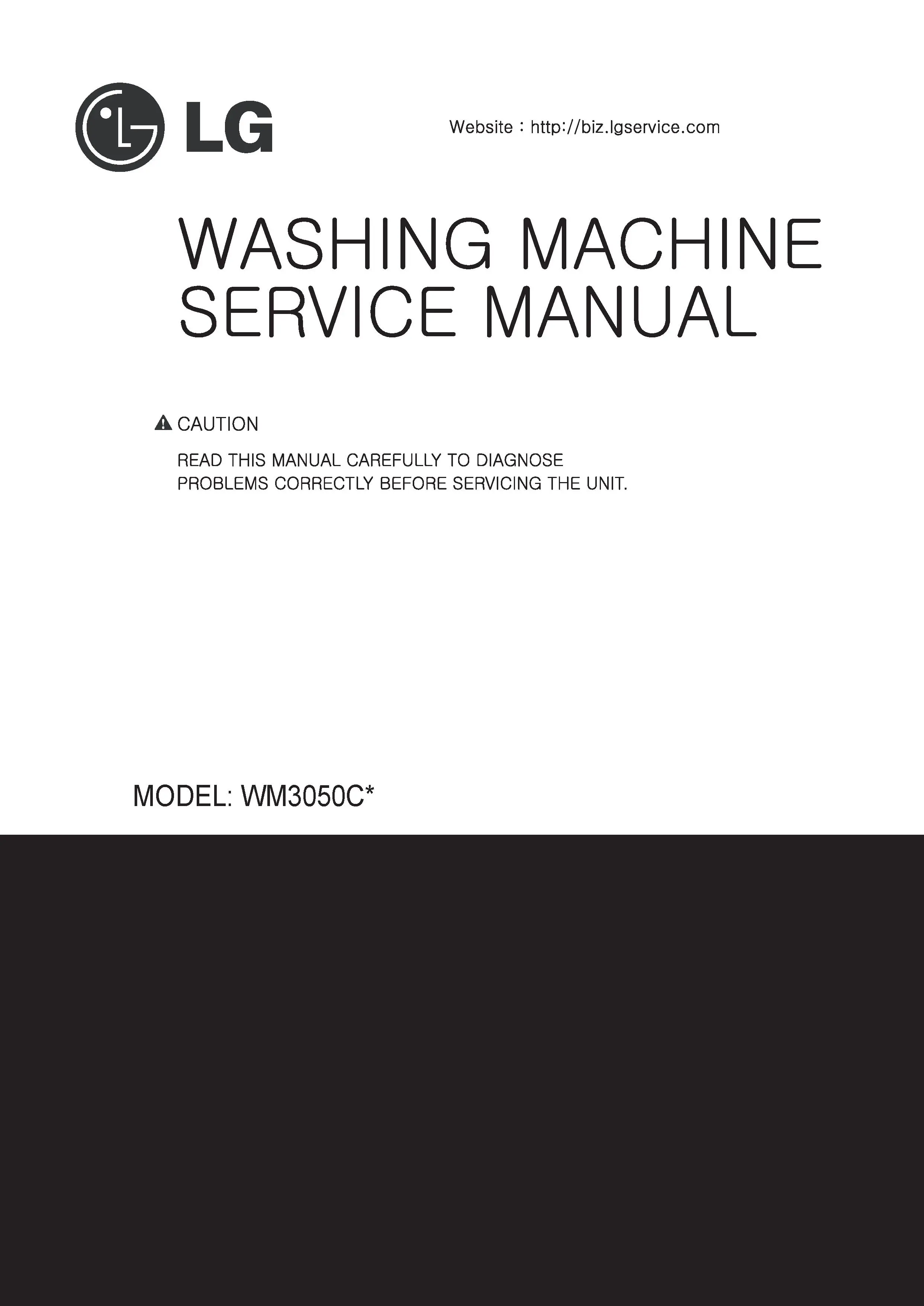 Lg wm3050cw service manual cover with LG logo, service website path, washer model codes and service caution notice