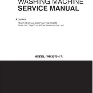 Lg wm3070hra service manual cover with LG logo, service website path, washer model codes and service caution notice