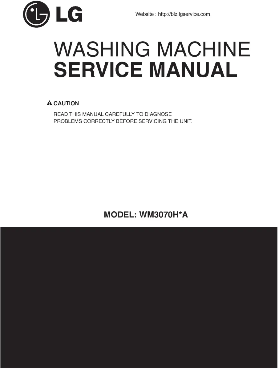 Lg wm3070hra service manual cover with LG logo, service website path, washer model codes and service caution notice