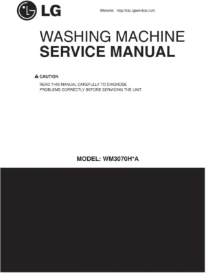 Lg wm3070hva service manual cover with LG logo, service website path, washer model codes and service caution notice