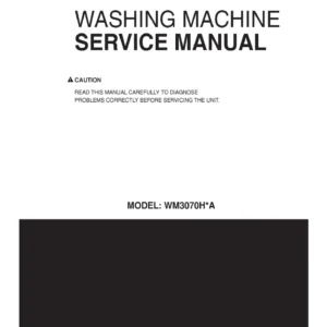 Lg wm3070hwa service manual cover with LG logo, service website path, washer model codes and service caution notice