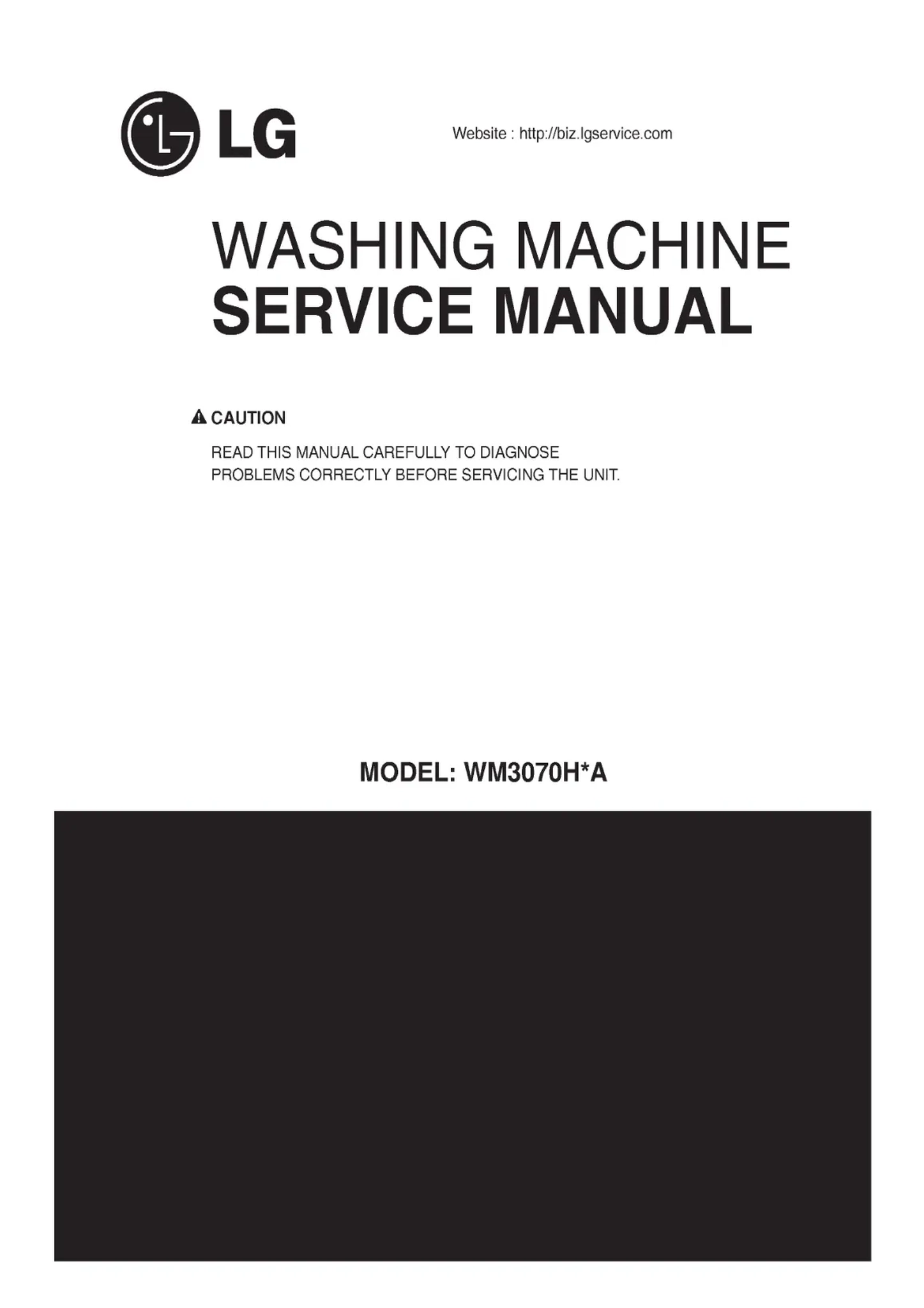 Lg wm3070hwa service manual cover with LG logo, service website path, washer model codes and service caution notice