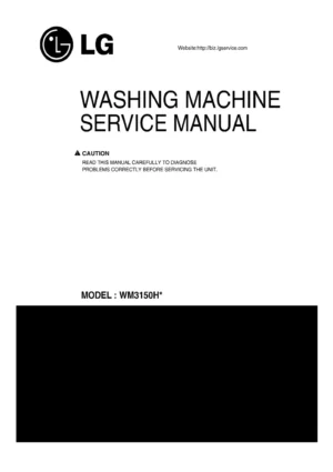 Lg wm3150hwc wm3150hvc service manual cover with LG logo, service website path, washer model codes and service caution notice
