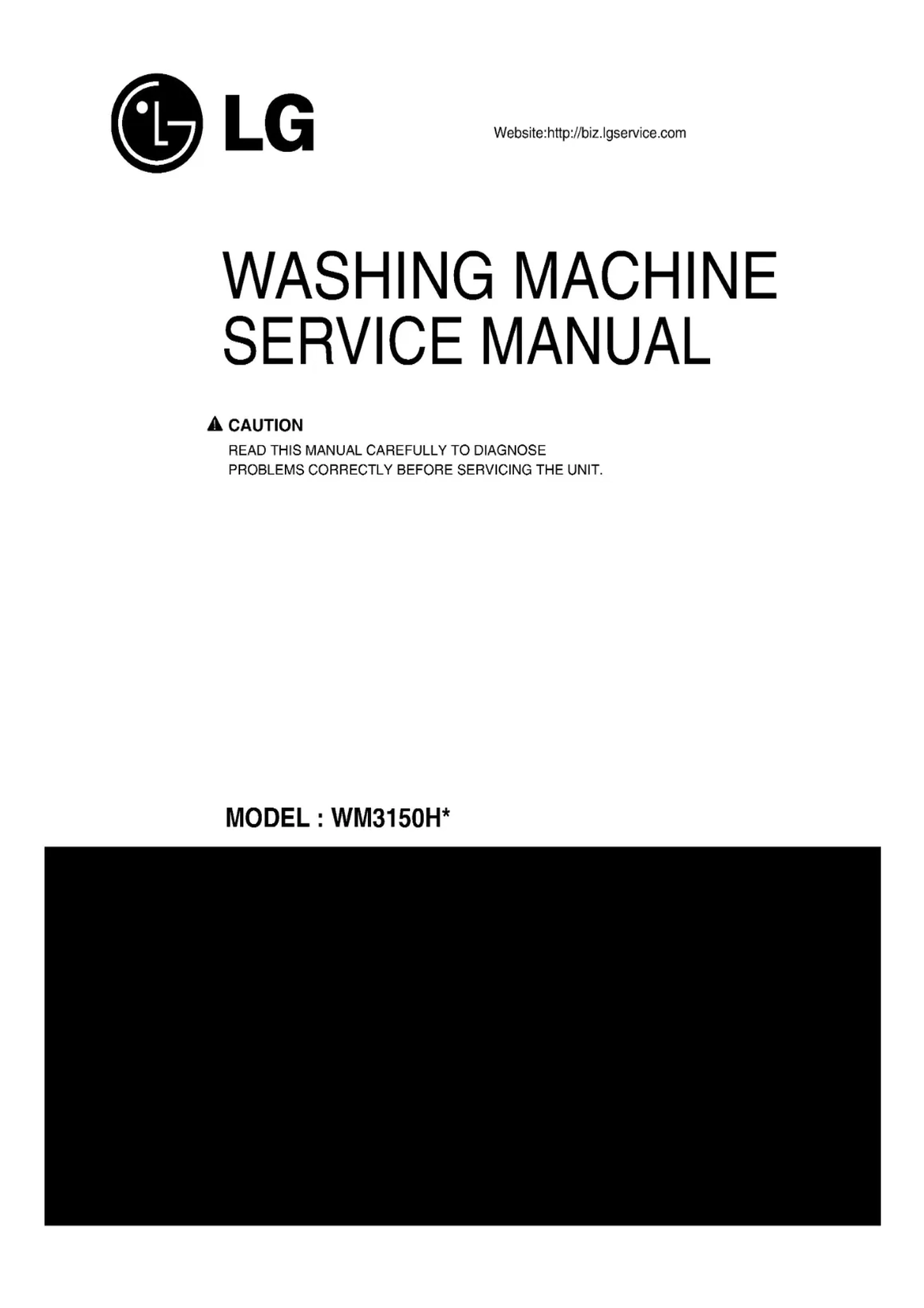 Lg wm3150hwc wm3150hvc service manual cover with LG logo, service website path, washer model codes and service caution notice