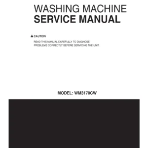 Lg wm3170cw service manual cover with LG logo, service website path, washer model codes and service caution notice