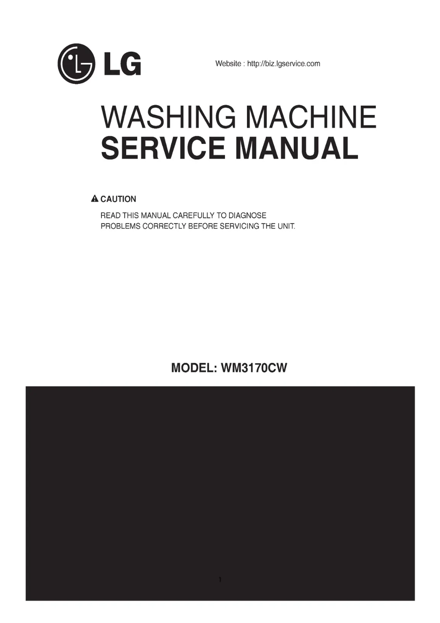 Lg wm3170cw service manual cover with LG logo, service website path, washer model codes and service caution notice