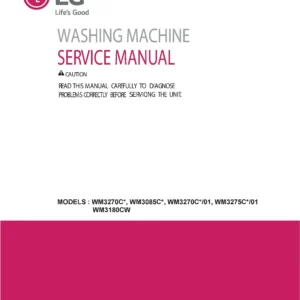 Lg wm3180cw wm3085c wm3085cw wm3275c wm3275cw service manual cover with LG logo, service website path, washer model codes and service caution notice