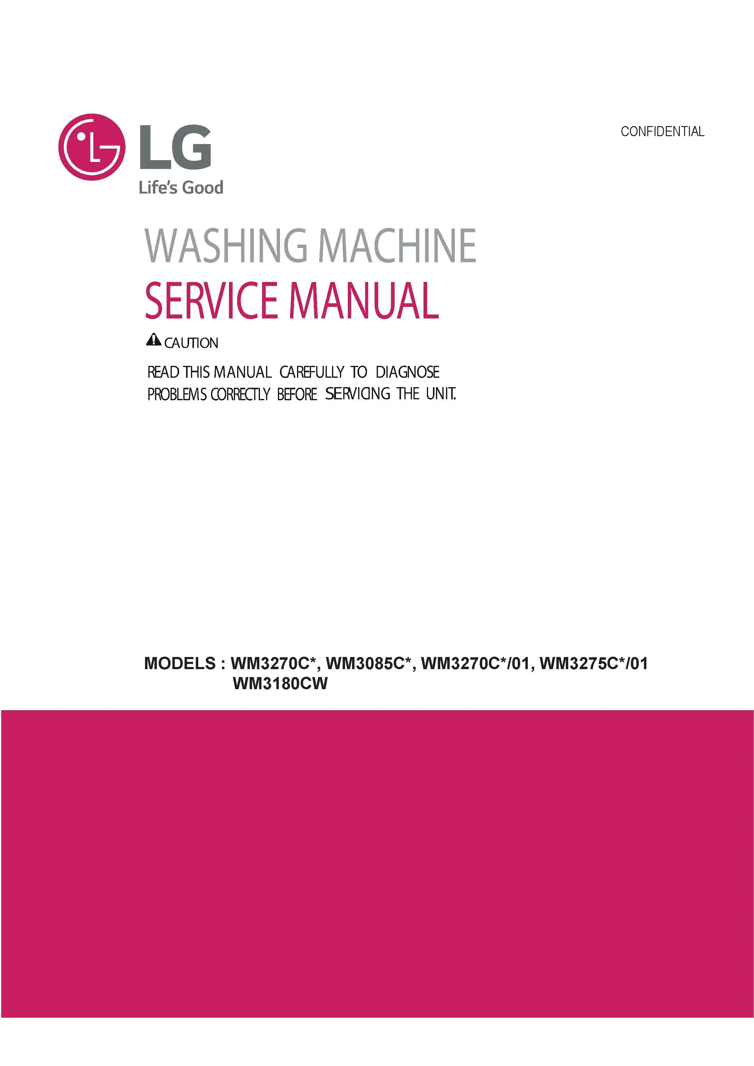 Lg wm3180cw wm3085c wm3085cw wm3275c wm3275cw service manual cover with LG logo, service website path, washer model codes and service caution notice