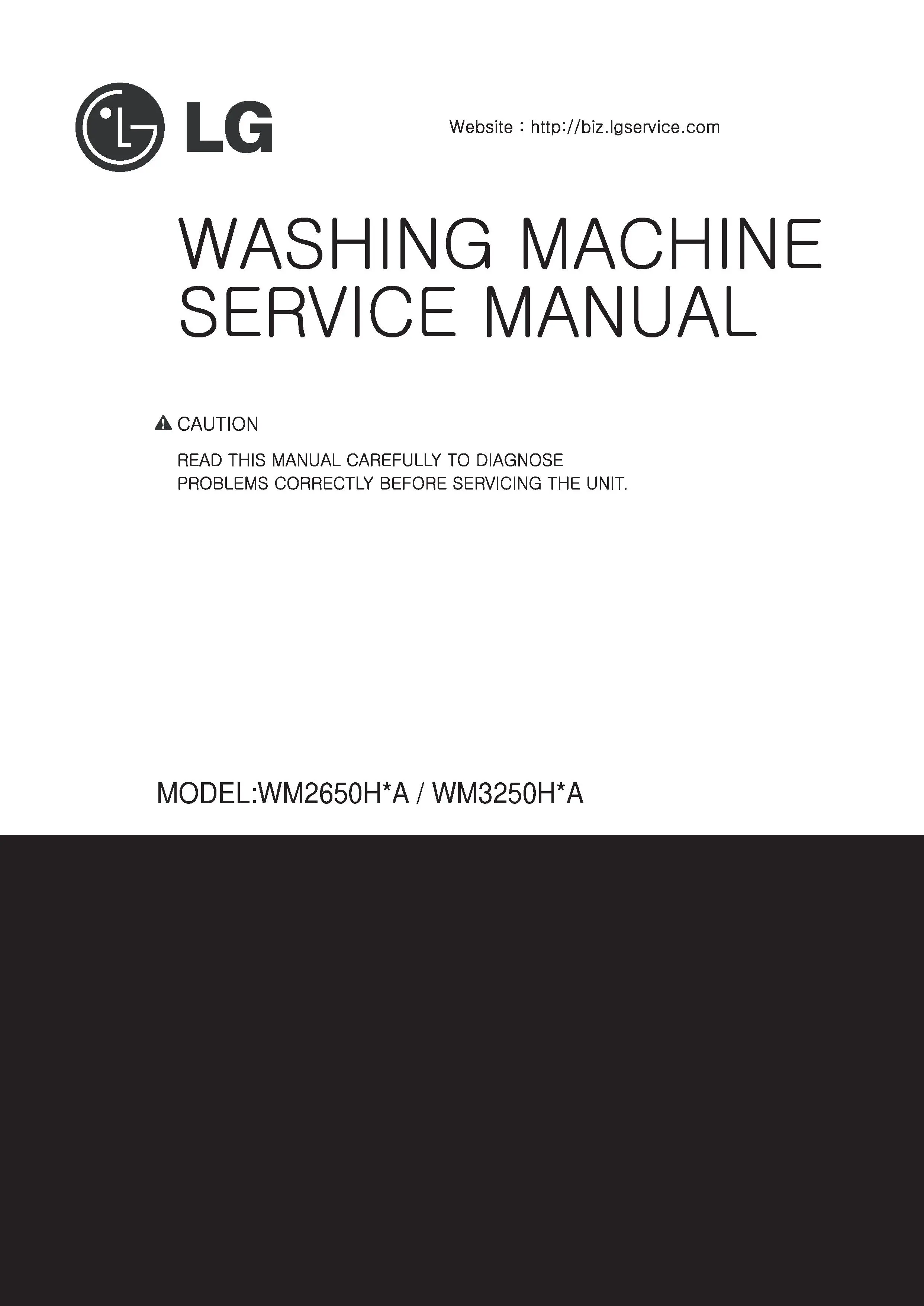 Lg wm3250h wm3250hra wm3250hva wm3250hwa service manual cover with LG logo, service website path, washer model codes and service caution notice